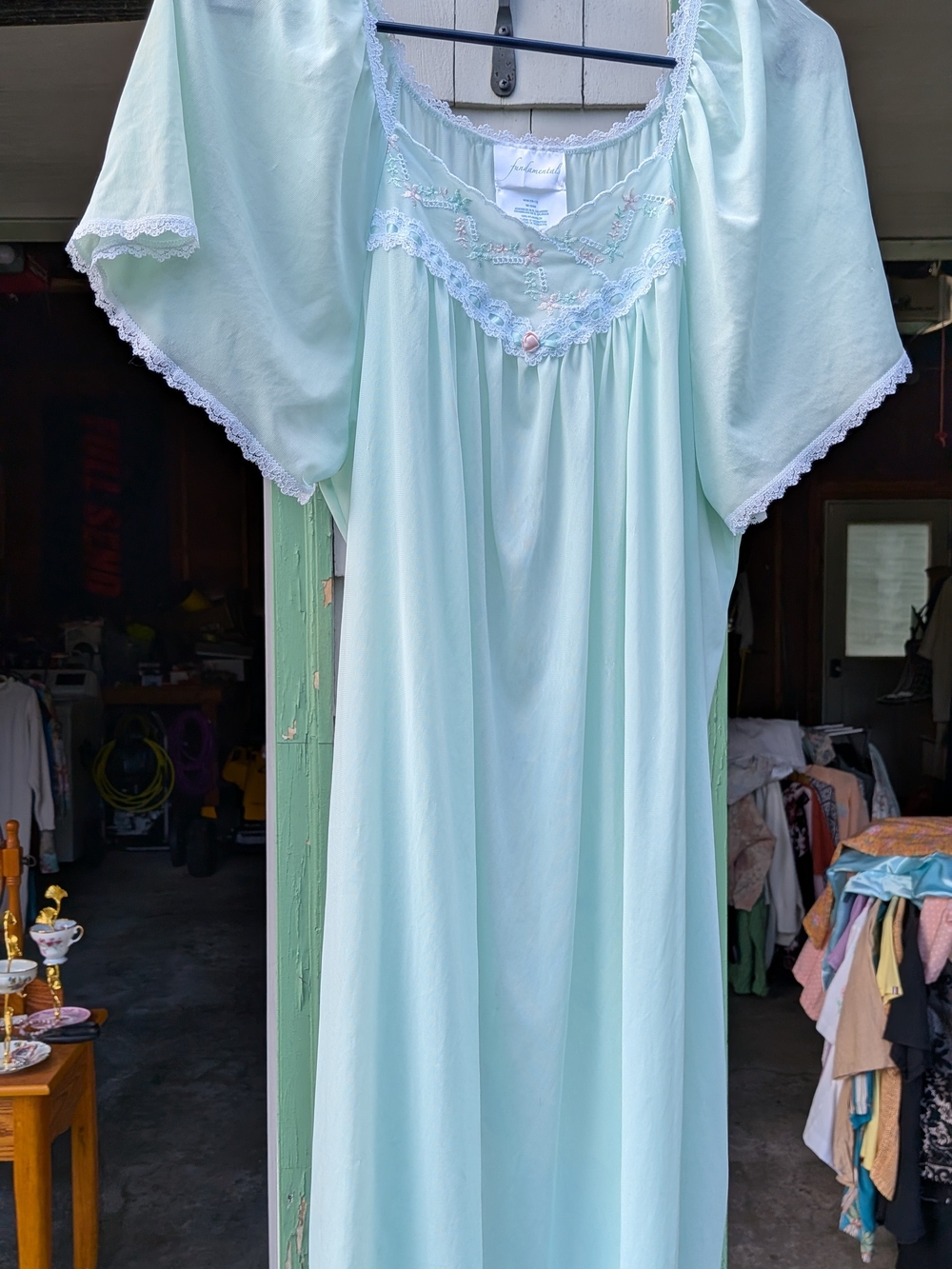 Vintage Fundamentals Mint Green Nylon Nightgown Size Medium Lace Embroidered